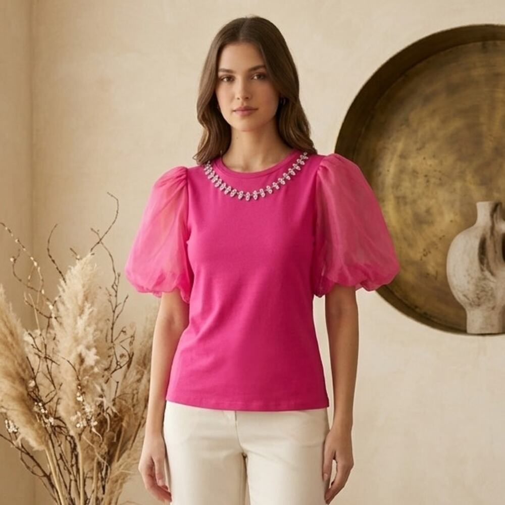 CeCe Puff Sleeve Top Womens M Pink Detachable Rhinestone Jewel Neck